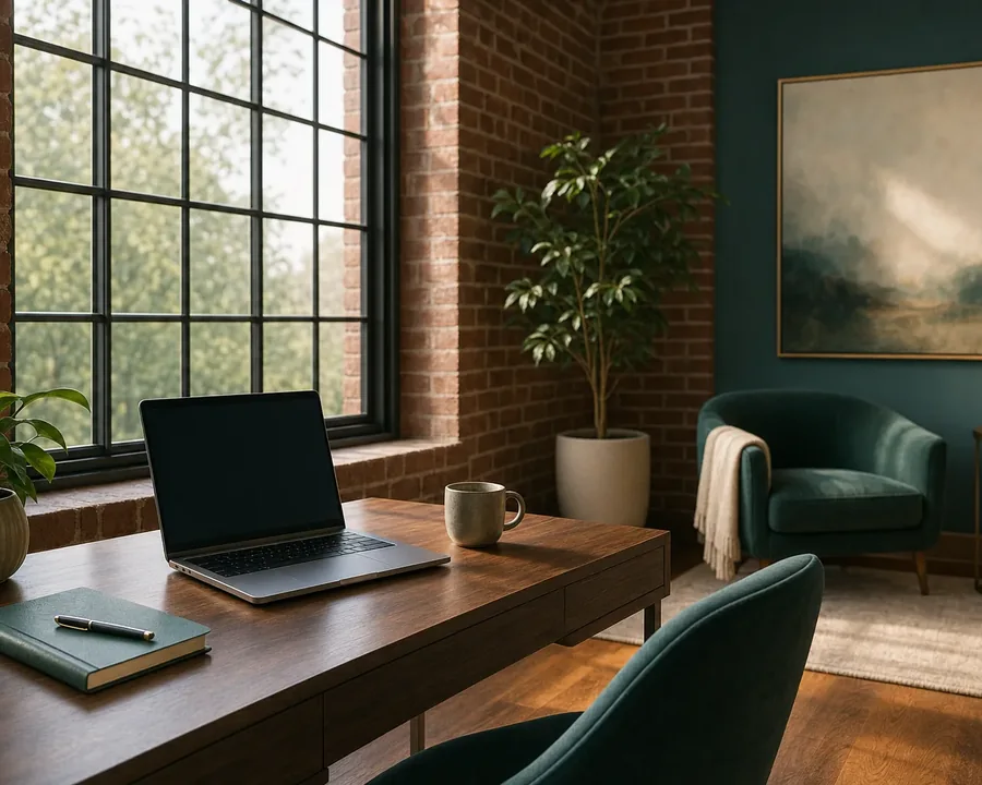 Illustrative laptop with a dark screen on a quiet desk