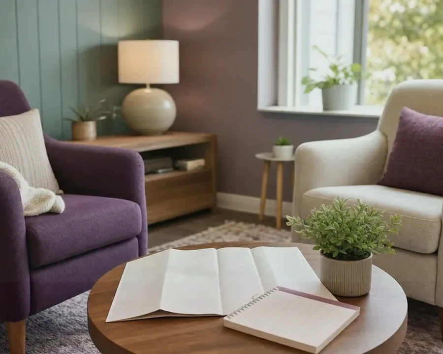 Illustrative blank paper and notebook beside comfortable chairs Illustrative blank paper and notebook beside comfortable chairs