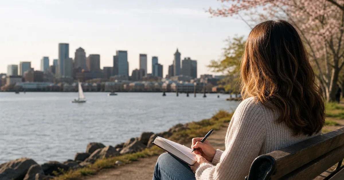 Person journaling on a waterfront bench overlooking a city skyline, reflecting the topic of mental health journaling.